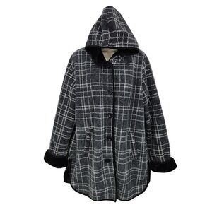 Ike Behar Coat Womens XL Gray Black Plaid Winter Hooded Faux Fur Lined Button Up